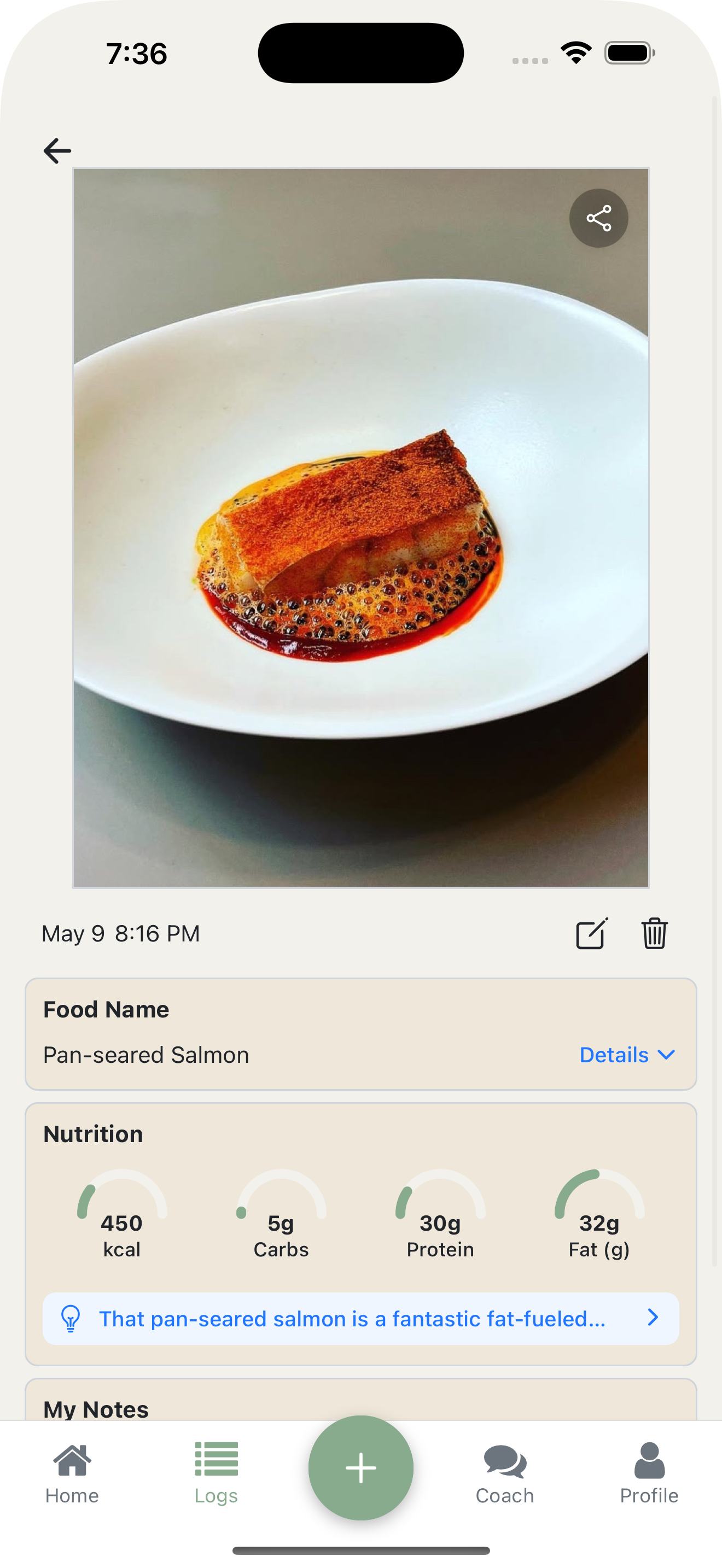 Food analysis screenshot